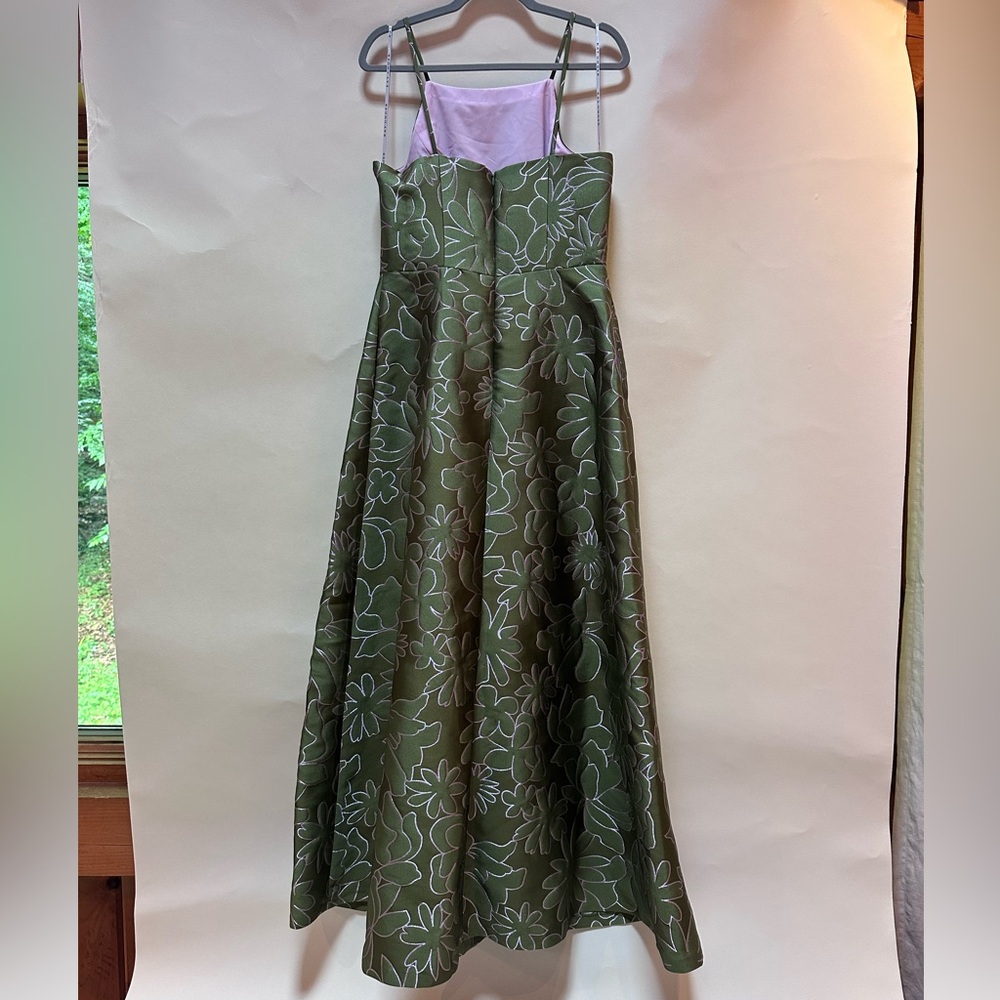 Kay Unger Jada Jacquard Halter Neck Gown Dress Green w/ Pink Embroidery Size  8 - Picture 12 of 13